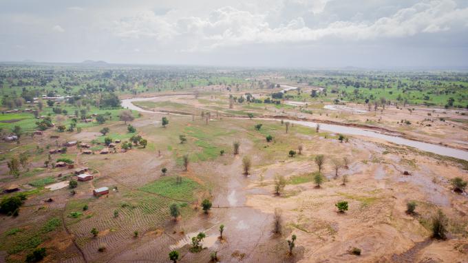 An aerial view of the swollen Phalombe River and its devastating effects
